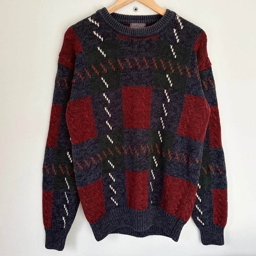 Vintage chenille knit crew neck sweater - 80’s - multi-coloured - Oversized M - Picture 2 of 7
